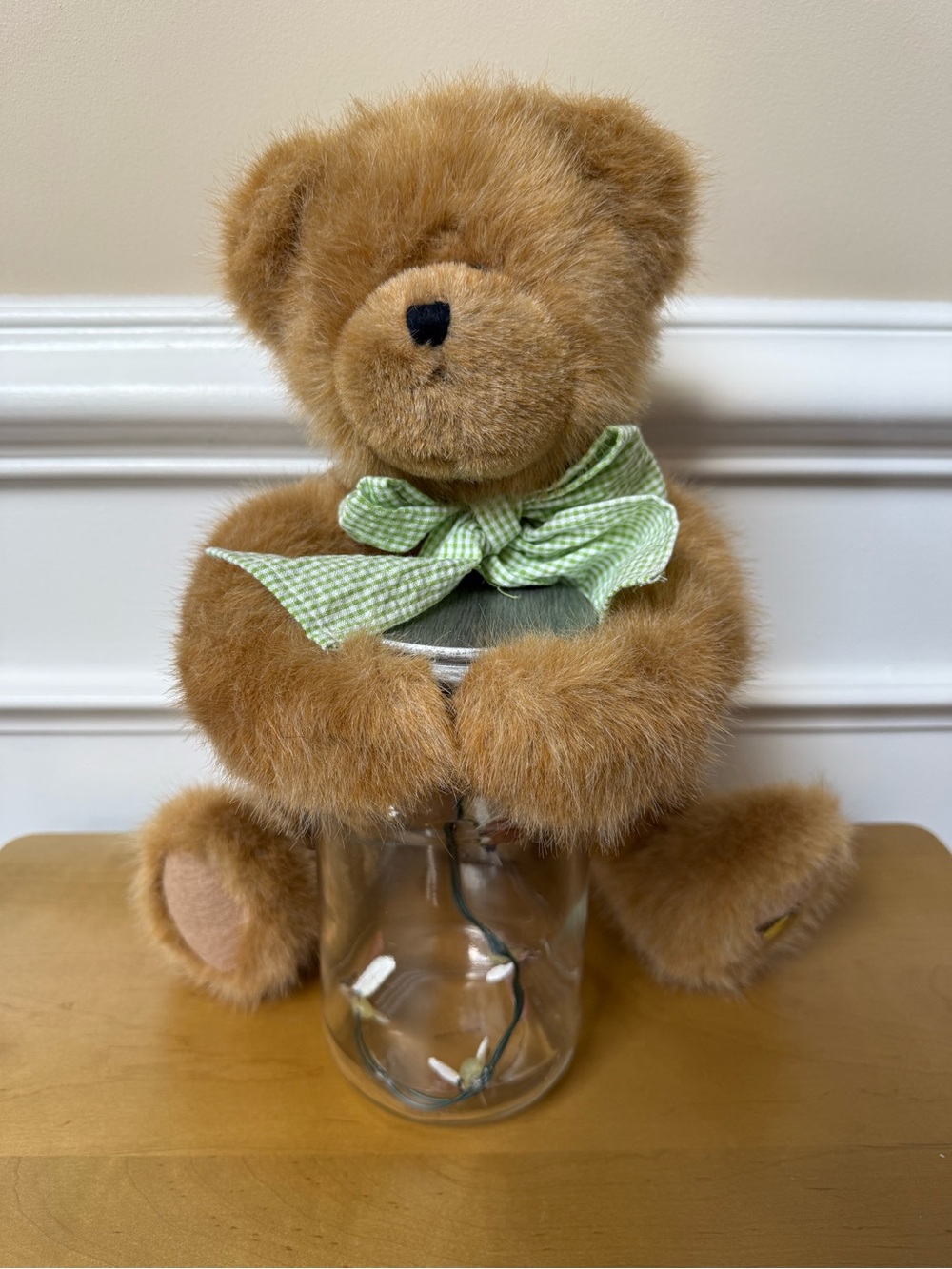 Boyds Bears Tan Plush Green Gingham Bow with Firefly Jar